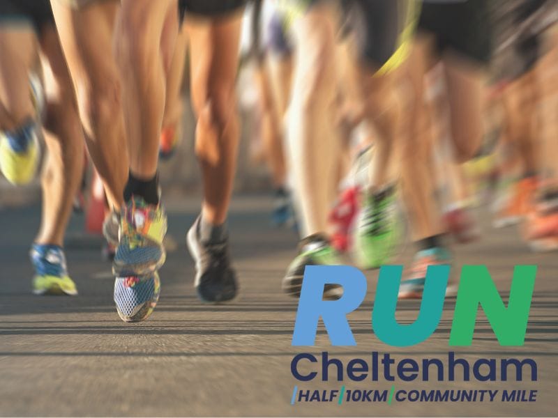Crowd of runners legs with Run Cheltenham logo - half, 10k, community mile